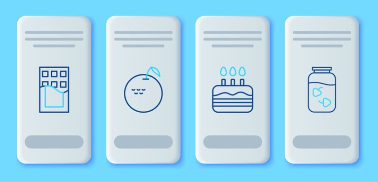 Set line Apple, Cake with burning candles, Chocolate bar and Strawberry jam jar icon. Vector