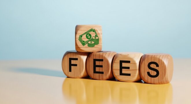 Wooden blocks spelling FEES with money icon, financial service charges and banking costs concept, hidden tax and commission expenses