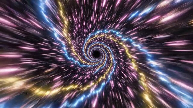 Cosmic Swirl of Energy: A vibrant, abstract vortex of light and color, resembling a wormhole or hyperspace tunnel, pulls the viewer into a dazzling, energetic spectacle.