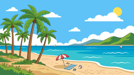Fototapeta premium Beach landscape features tall palm trees along a sandy coastline with a red sun umbrella and blue water under a clear sunny sky.