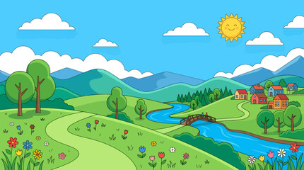 Fototapeta premium Meadow stretches across a lush landscape with a flowing river and a quaint village nestled among tall green mountains under a bright yellow sun and fluffy white clouds.