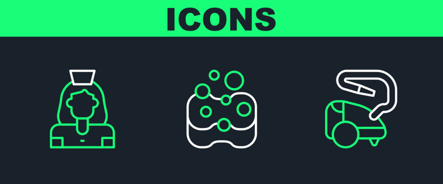 Set line Vacuum cleaner, Cleaning lady service and Sponge icon. Vector
