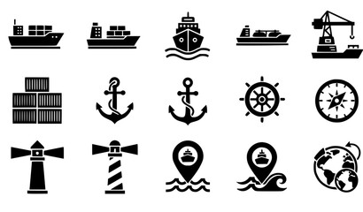 Fototapeta premium Shipping and Maritime Logistics Black Silhouette Icons Set Cargo Ships Containers Nautical Vector Pack