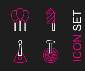 Set line Unicycle or one wheel bicycle, Balalaika, Firework rocket and Balloons with ribbon icon. Vector © Oksana