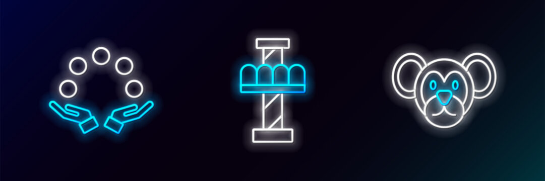Set line Monkey, Juggling ball and Attraction carousel icon. Glowing neon. Vector