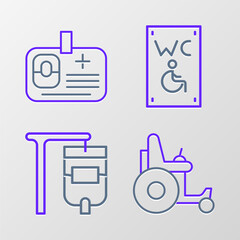 Fototapeta premium Set line Electric wheelchair, IV bag, Separated toilet for disabled and Identification badge icon. Vector