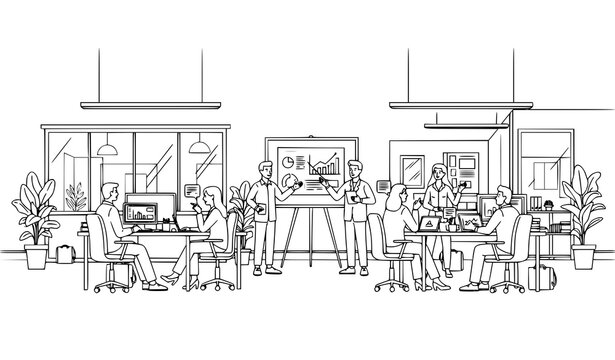 Modern open office workspace line art illustration with employees presenting ideas in collaborative meeting environment