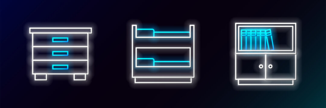 Set line Library bookshelf, Furniture nightstand and Bunk bed icon. Glowing neon. Vector