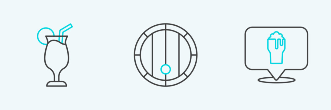 Set line Alcohol or beer bar location, Cocktail and Wooden barrel icon. Vector