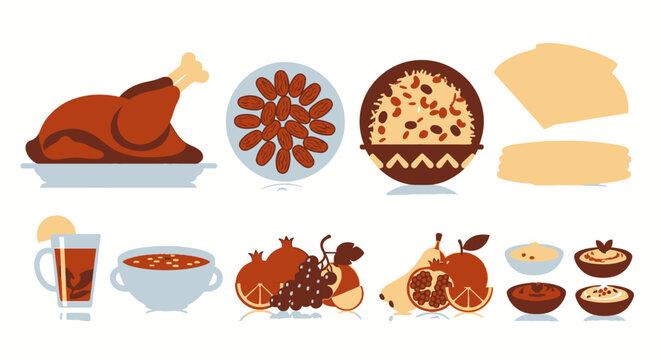 Ramadan Iftar Food Illustration Set Featuring Dates Rice and Fruits for Islamic Feast Celebration