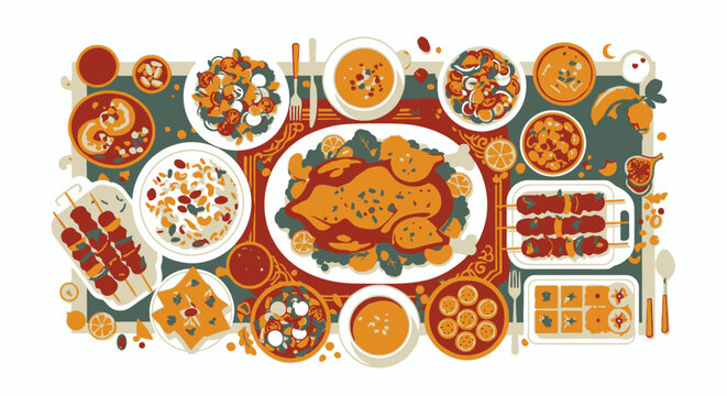 Thanksgiving Roasted Turkey Dinner Feast Served on Festive Table Flat Lay Illustration