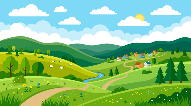 Rural village nestles among verdant hills as a winding road meanders past a gentle river flowing through the peaceful valley landscape.