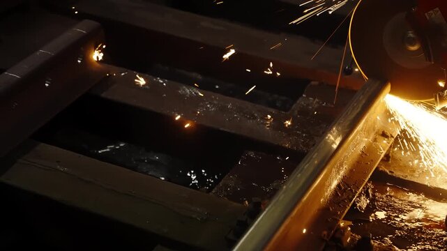 Industrial close-up of a handheld abrasive saw cutting a steel rail with bright sparks flying, showcasing metalworking precision, fabrication, and intense heat in rail maintenance