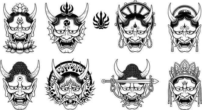 Collection of Traditional Asian Demon Masks with Cultural and Spiritual Elements for Fantasy, Mythology, and Halloween Digital Media