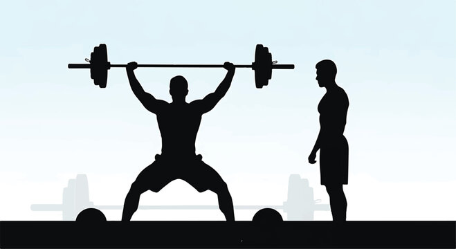 Weightlifter and coach in silhouette style with weightlifting, silhouette