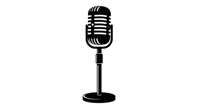 Vintage black microphone icon on stand for broadcasting and communication concept