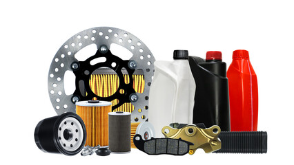 Motorcycle parts , filters , Motor oil , brake disc, shoe and pads isolated on white background. © Emma Grace