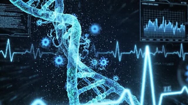 Digital DNA Helix and Medical Data Visualization in Futuristic Blue Tones