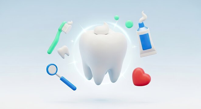 A tooth with a toothbrush, toothpaste, and a heart symbol in a 3D rendering.