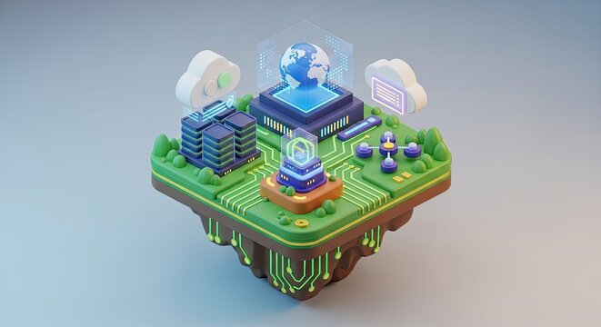 A futuristic cityscape with a central processing unit (CPU) and various digital elements.