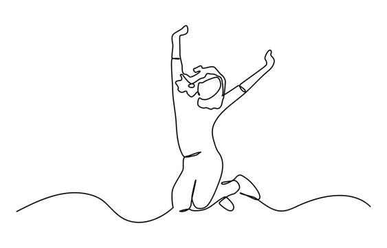  Continuous one line drawing of happy jumping woman.