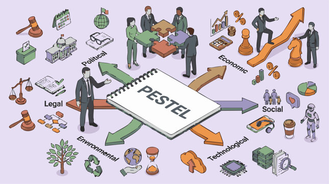 PESTEL analysis framework with isometric icons for business strategy