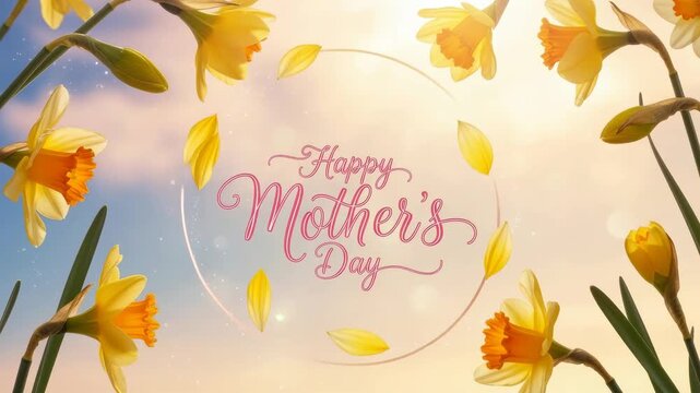 Happy mother's day floral greeting with yellow daffodils and floating petals over a pastel bokeh sky warm spring celebration card design for mothers