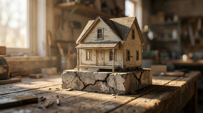 Miniature weathered house model perched precariously on cracked stone base in a woodworking shop