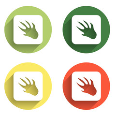 Fototapeta premium Set Alligator crocodile paw footprint icon isolated with long shadow background. Color circle button. Vector