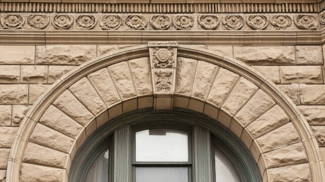 overfed. Stone arch doorway with radial brick pattern and central keystone in daylight. real-estate listings.