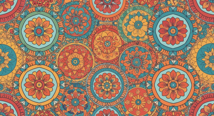 Fototapeta premium Vibrant circular floral patterns in warm tones of orange, red, and teal repeat