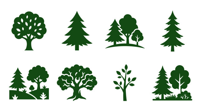 A collection of green tree silhouettes depicting various types and shapes in nature