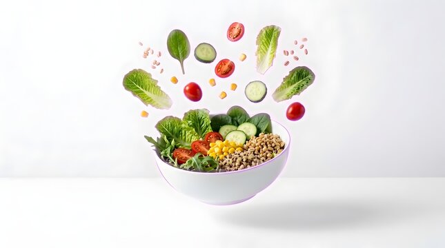 Floating Salad Bowl with Fresh Greens and Vegetables Illustrating Healthy Eating and Balanced Diet Choices on White Backdrop