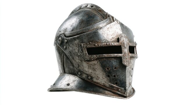 A weathered, medieval-style metal helmet with a visor and gorget