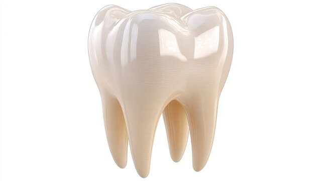 A solitary, pearly white molar with distinct cusps and roots, on white
