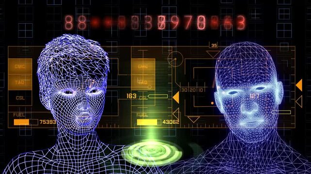 A futuristic man and woman examine a glowing cybernetic map within a high-tech digital interface. This professional 3D animation showcases advanced technology, data visualization, and sci-fi aesthetic