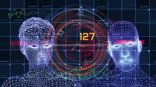 A futuristic man and woman examine a glowing cybernetic map within a high-tech digital interface. This professional 3D animation showcases advanced technology, data visualization, and sci-fi aesthetic