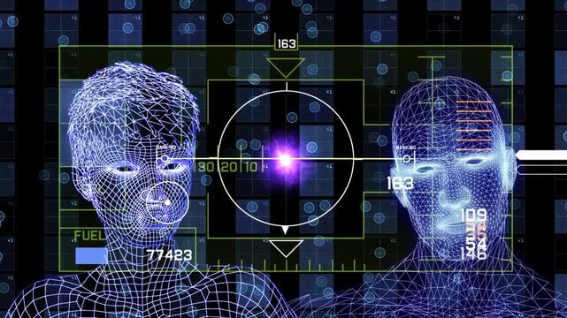 A futuristic man and woman examine a glowing cybernetic map within a high-tech digital interface. This professional 3D animation showcases advanced technology, data visualization, and sci-fi aesthetic