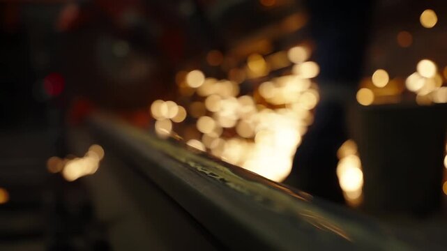 Close-up of a worker using a heavy-duty cutoff saw to cut through a steel railway track, sending a cascade of bright golden sparks across the rails during rail maintenance.