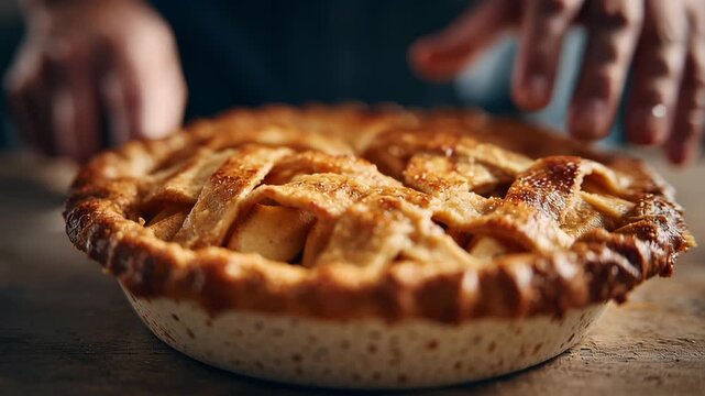 Hand reaching for homemade baked apple pie with golden crust dessert cut on wooden table fresh food traditional snack pastry meal