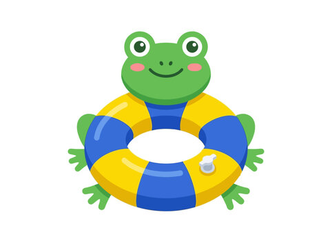 Cute frog pool float ring in yellow and blue, flat vector icon on white background