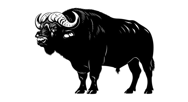 Large Black Bull with Horns Standing.