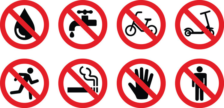 Prohibition signs icon design for various restricted activities safety regulation warning and forbidden symbol illustration