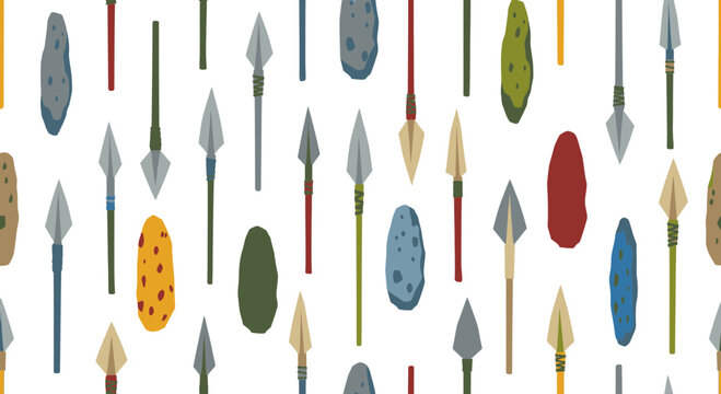 Stone Age Spearheads and Flint Tools Seamless Pattern Vector Illustration for Prehistoric History Education or Archaeological Museum Background Design