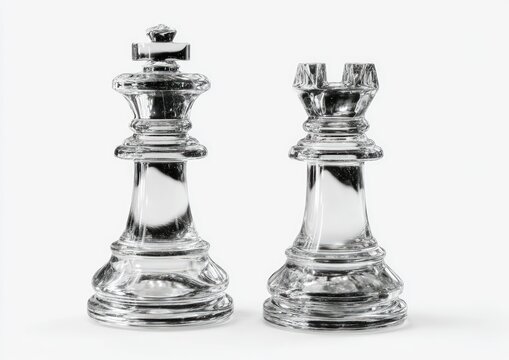 Two transparent chess pieces, a king and a rook, stand side-by-side on a white surface