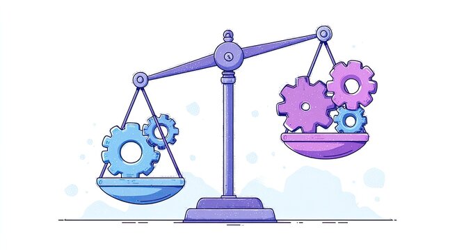 A balance scale holds gears, showing unequal weight distribution