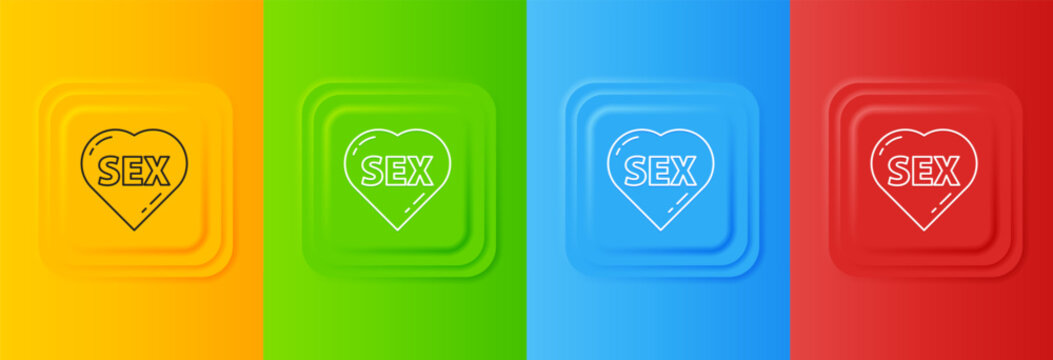 White Heart with text Sex icon isolated on colorful background. Adults content only icon. Set icons in square buttons. Vector