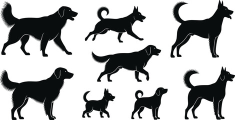 Obraz premium Dog Silhouette Set with Various Breeds and Poses Representing Domestic Animals, Pets, and Canine Collection in Vector Illustration