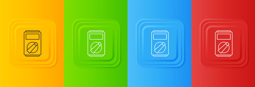 White Ampere meter, multimeter, voltmeter icon isolated on colorful background. Instruments for measurement of electric current. Set icons in square buttons. Vector