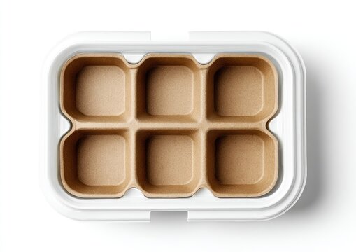 Top view of a white hinged container with six brown molded pulp compartments